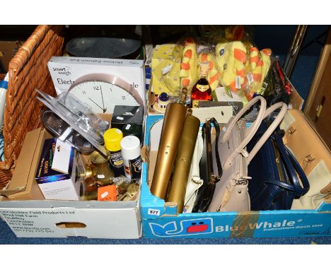 THREE BOXES AND LOOSE SUNDRY ITEMS, to include handbags, brassware, baby hooded towels, cds, photo frames, bathroom accessori
