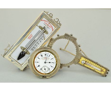 TWO LATE 19TH TO EARLY 20TH CENTURY SILVER MOUNTED THERMOMETERS, the first of rectangular outline, the central panel reads 'N