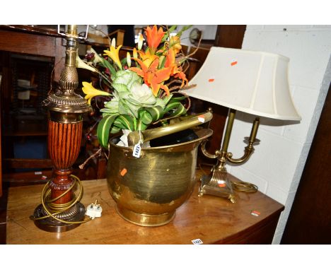 A MODERN BRASSED AND MAHOGANY TABLE LAMP, a brassed twin table lamp and a log bucket (3)
