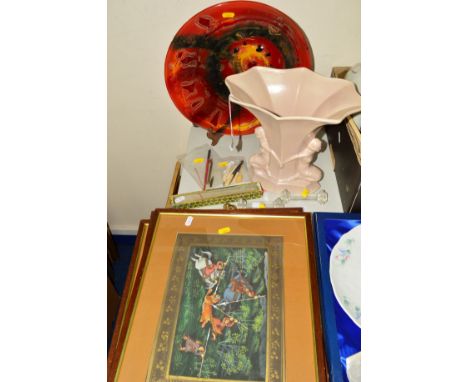 A GOVANCRAFT VASE, approximate height 25cm, three oriental pictures depicting Tiger hunting etc, glass knife rests, a boxed f