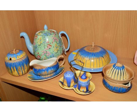 A GROUP OF SHELLEY to include 'Melody' chintz teapot (hairline), Harmony ware No8792 in blue, yellow and brown, to include Le