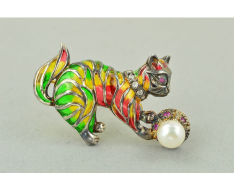 A GEM AND PLIQUE-A-JOUR CAT BROOCH with green, yellow and red plique-a--jour enamel body, ruby eye, the ball set with a fresh