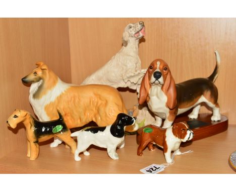 SIX BESWICK DOGS to include Bulldog 'Bosun' No1731, Collie 'Lochinvar of Ladypark' No1791, Cocker Spaniel No1754, Basset Houn