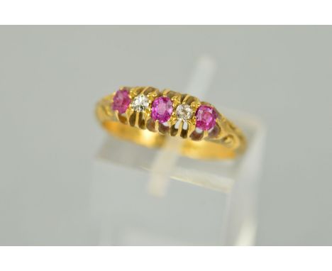 AN EDWARDIAN RUBY AND DIAMOND HALF HOOP RING, estimated diamond old Swiss cut weight 0.04ct, ring size L, hallmarked 18ct gol