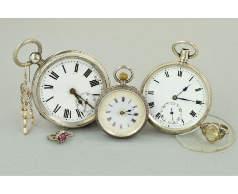 THREE POCKET WATCHES AND THREE ITEMS OF JEWELLERY, all pocket watches with white dials and Roman numerals, two with engine tu