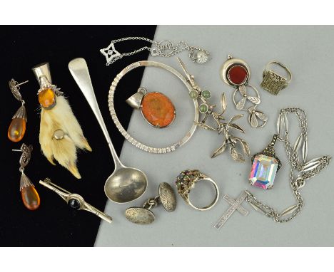 A SELECTION OF SILVER AND WHITE METAL JEWELLERY, to include a pair of marcasite and modified amber drop earrings, a marcasite