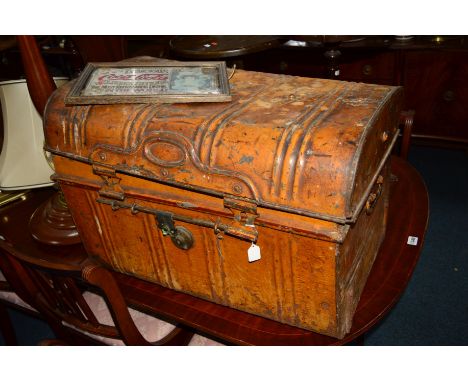 AN EARLY 20TH CENTURY TIN TRUNK, together with a  coca cola pub mirror (2)