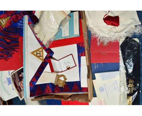 A BOX OF MASONIC REGALIA AND BOOKS, books to include Ten Talks of the Holy Royal Arch, United Grand Lodge Constitutions 1965,
