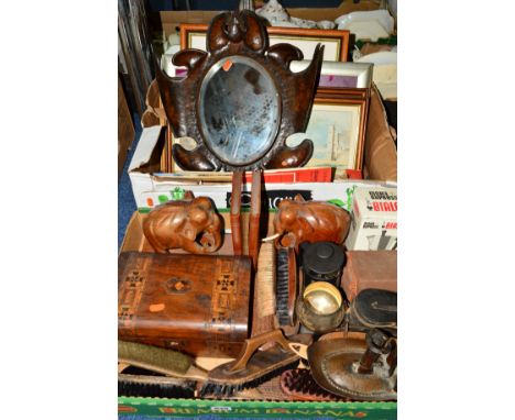 TWO BOXES OF SUNDRIES, to include sewing box, ordnance survey maps, novelty shaped metal mirror, pictures, elephant book ends