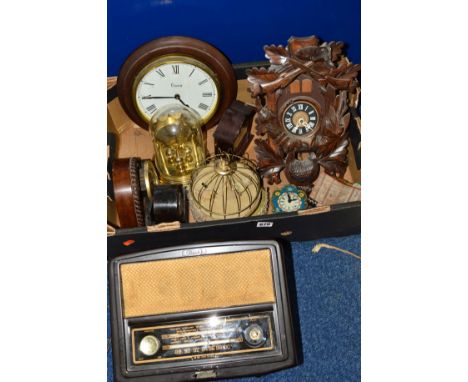 VARIOUS CLOCKS, A BUSH BAKELITE RADIO etc, to include Black Forest cuckoo clock, with weights (sd), musical automated bird ca