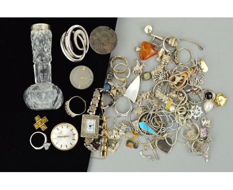 A SELECTION OF MAINLY SILVER AND WHITE METAL JEWELLERY to include a marcasite watch, loose charms, a heart shape modified amb