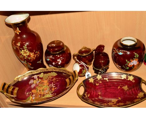 EIGHT CARLTONWARE AND CROWN DEVON 'ROUGE ROYALE ITEMS', to include vase, dishes, ginger jar etc