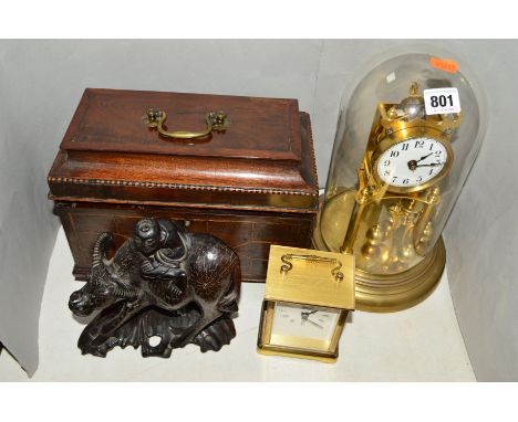 A DOMED ANNIVERSARY CLOCK, a Metamec carriage clock (batteries), a tea caddy with carry handle (no key), approximate length 2