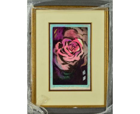 SIMON BULL 'FOR ONE HEART TO HOLD', a limited edition print of a rose 21/350, signed and titled in pencil, mounted, framed an