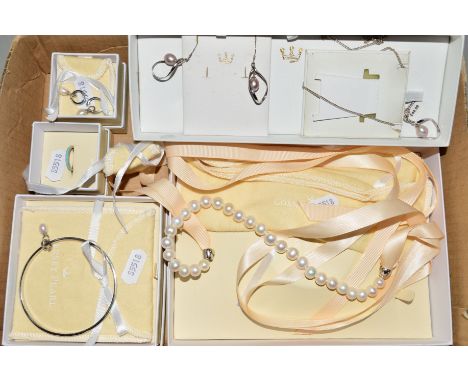 SIX ITEMS OF CORNWALL AND JERSEY CULTURED PEARL JEWELLERY, to include a pearl and green enamel bangle, ring and pair of earri