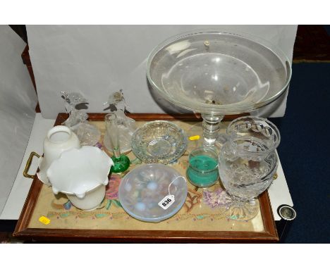 A SMALL GROUP OF GLASSWARES AND TWIN HANDLED TAPESTRY TRAY, to include an opalescent dish, diameter 14cm, cut glass vase (chi