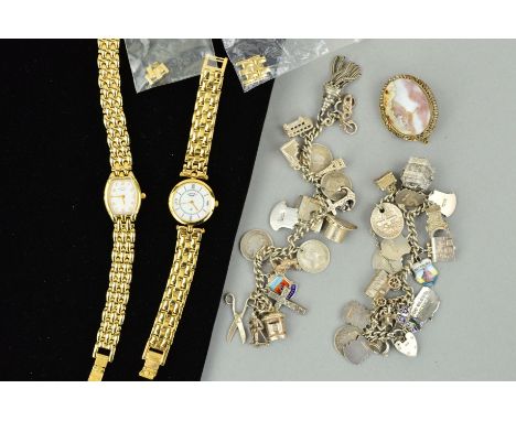 TWO CHARM BRACELETS, TWO WATCHES AND A BROOCH to include two curb link charm bracelets suspending enamel tourist charms and h