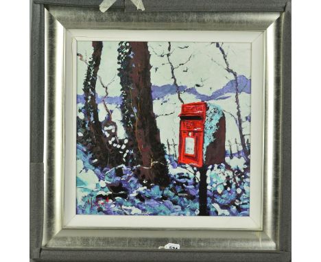 TIMMY MALLETT 'SNOWY POSTBOX', a red post box in snow against a background of trees, a limited edition print on canvas 18/195