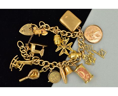 A MID TO LATE 20TH CENTURY CHARM BRACELET, plain polished curb links fitted to a padlock and safety chain, together with fift