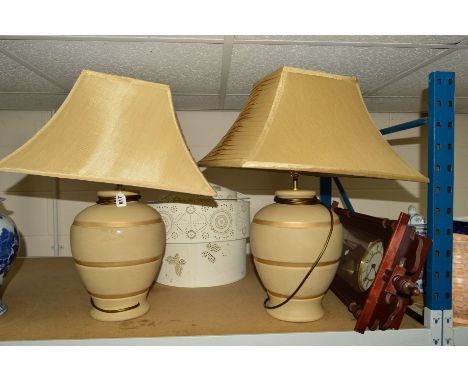 A PAIR OF TABLE LAMPS WITH SQUARE SHADES, various ceiling shades and a Hermle wall clock, with pendulum