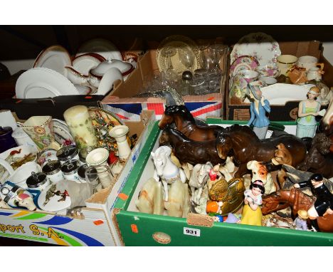 FIVE BOXES CERAMICS, GLASS etc, to include an Aynsley 'Cottage Garden' strawberry basket set, Spode 'Full Cry' candlesticks, 