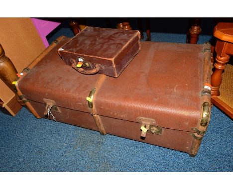 A VINTAGE TRAVELLING TRUNK, a small suitcase and a mahogany hexagonal coffee table (3)