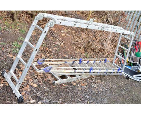 AN ALUMINIUM FOUR FOLDING MULTI  USE LADDER, together with two aluminium step ladders (3)
