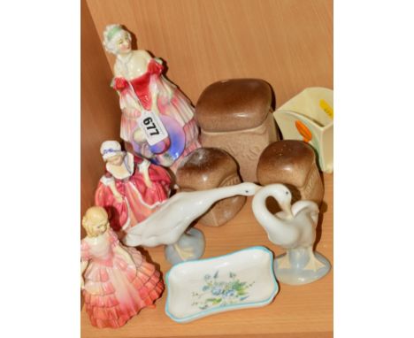 A GROUP OF CERAMICS, to include three Royal Doulton figures 'Veronica' HN1517, 'Goody Two Shoes' HN2037 and 'Rose' HN1568, tw