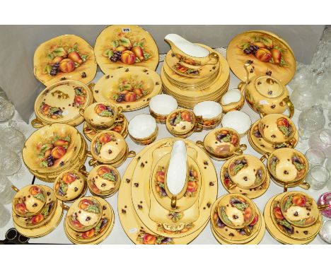 AYNSLEY 'ORCHARD GOLD' DINNER/TEAWARES, mostly seconds with green and pink backstamps, to include footed bowl, teapot, milk j