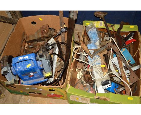 TWO BOXES OF VARIOUS TOOLS including a vice, clamp, saws and a Draper bench grinder (2)