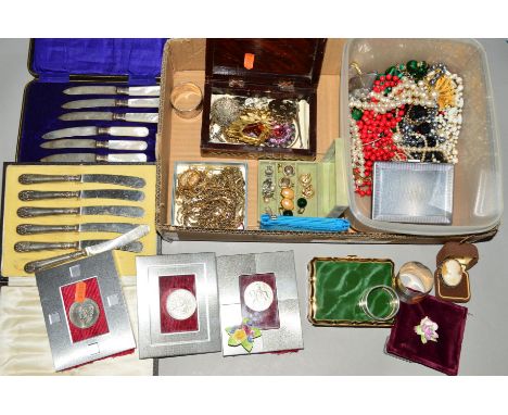 A BOX OF MAINLY COSTUME JEWELLERY to include a Stratton trinket box, a Ronson lighter, two cased sets of silver butter knives