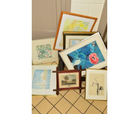 A BOX OF PICTURES AND PRINTS to include a pair of Mary Fenoughty watercolours, depicting flowers in a vase, an etching of a b