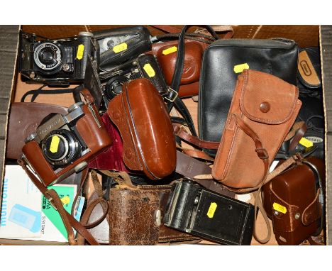 A TRAY OF VINTAGE CAMERAS AND THREE BOXES OF DARKROOM EQUIPMENT, cameras including a Zeiss Ikon Contaflex Alpha, a Voigtlande