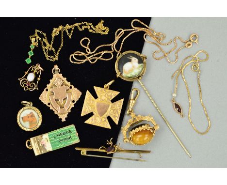 A MISCELLANEOUS JEWELLERY COLLECTION to include a 9ct gold Maltese cross pendant, a modern 9ct gold swivel fob, a Victorian g