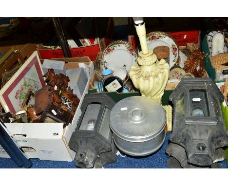 TWO BOXES AND LOOSE SUNDRY/CERAMIC ITEMS, to include Kaiser cuckoo clock (no weights), a Ferranti bakelite alarm clock, outdo