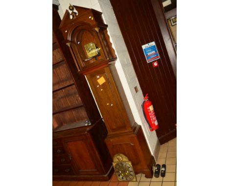 A TALL EARLY 20TH CENTURY GEORGE III STYLE EIGHT DAY LONGCASE CLOCK, the brass dial with Roman numerals and foliate pierced d