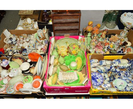 FIVE BOXES OF VARIOUS ORNAMENTS, TABLEWARES etc, to include Delft, Carltonware, Masons, Royal Doulton, Aynsley, Royal Worcest