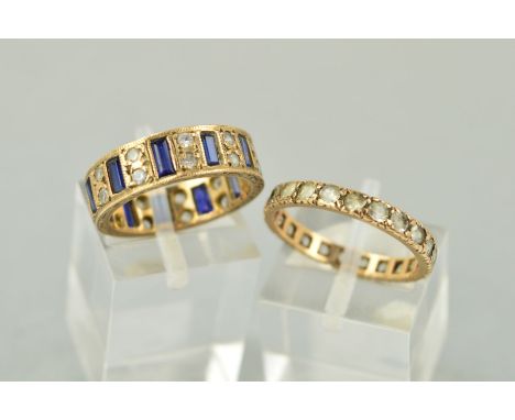 TWO ETERNITY RINGS, the first set with circular colourless pastes, size N, the second with rectangular sapphires interspaced 