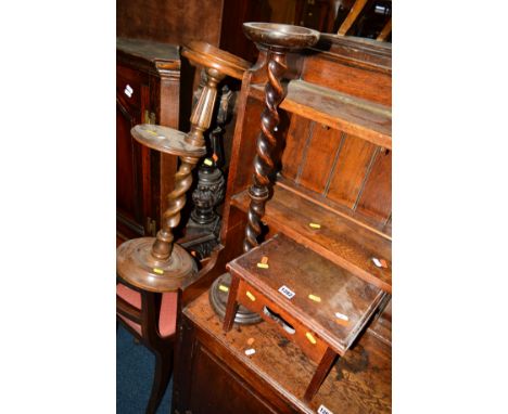 A SMALL OAK STOOL, two oak smokers stands and a carved oak corner console table base (no top) (4)