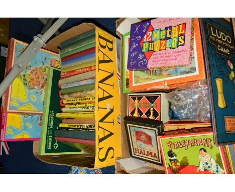 TWO BOXES OF BOARD GAMES, JIGSAWS, CHILDRENS BOOKS, etc to include Waddington 'Keyword', Chad Valley 'Ludo', 'Tiddlewinks', V