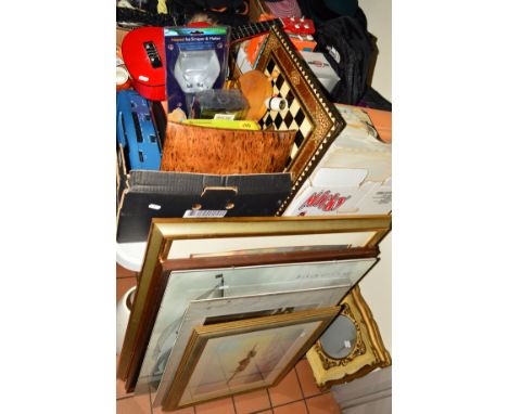 TWO BOXES AND LOOSE SUNDRY ITEMS, to include a Yamaha FG-25 Ukulele, Black &amp; Decker sander, Poole Pottery vase, kitchen s