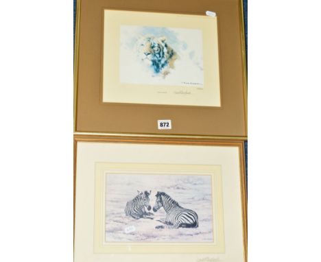 DAVID SHEPHERD, a signed limited edition print 'Tiger's Head', 408/850, 24cm x 28cm, another of Zebra's, signed, 15cm x 24cm,