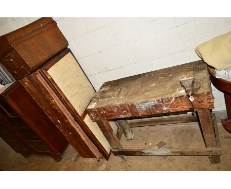 A 19TH CENTURY WOODEN WORK BENCH with a vice, width 101cm, together with a tin trunk, an early 20th Century oak and pine blan