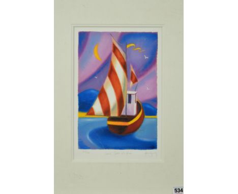 ADAM BARSBY 'LOVE SETS US FREE', a sailing boat under a colourful sky, a limited edition print 374/500, signed and titled in 