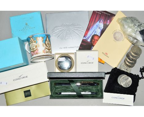 CONCORDE INTEREST:- a boxed trinket box and cover and Cross pens, together with non Concorde commemorative coins, and boxed Q