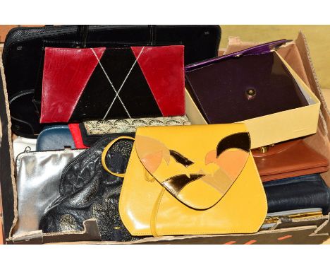 A BOX OF MAINLY VINTAGE HANDBAGS, etc, to include purple patent bag, a grey snakeskin clutch, a yellow bag with gold and oran