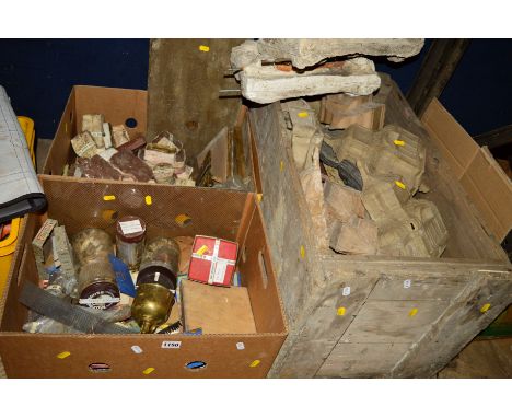 A VINTAGE WOODEN CRATE AND TWO BOXES containing mouldings forms, etc, incomplete and containing pieces from a galleon (report