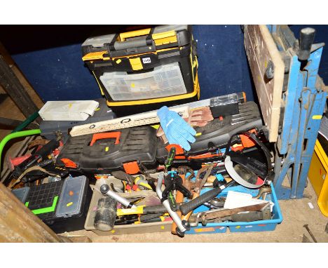 A COLLECTION OF TOOL BOXES PLUS LOOSE containing various hand tools, ie hammers, chisels, screw drivers, saws, etc, together 