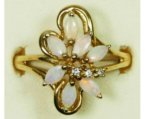 A 9ct gold opal and brilliant cut diamond flowerhead cluster ring, P, 3gm 