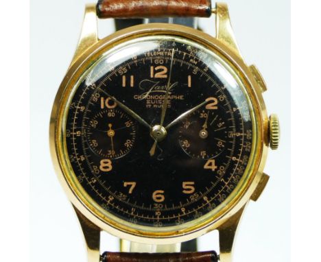 Javil Chronographe Suisse, an 18ct gold manual wind gentleman's wristwatch, c.1950's, the signed black dial with Arabic numer